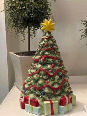 Decorative Ceramic Christmas Tree with Yellow Star - Green/Red Holiday Accent